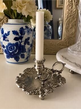 Vintage Silver Plated Floral Chamberstick Candle Holder Cottagecore Art Nouveau